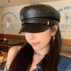 Japanese PU Leather Octagonal Hat Female British Retro Leather Beret Versatile Flat Top Newsboy Hat