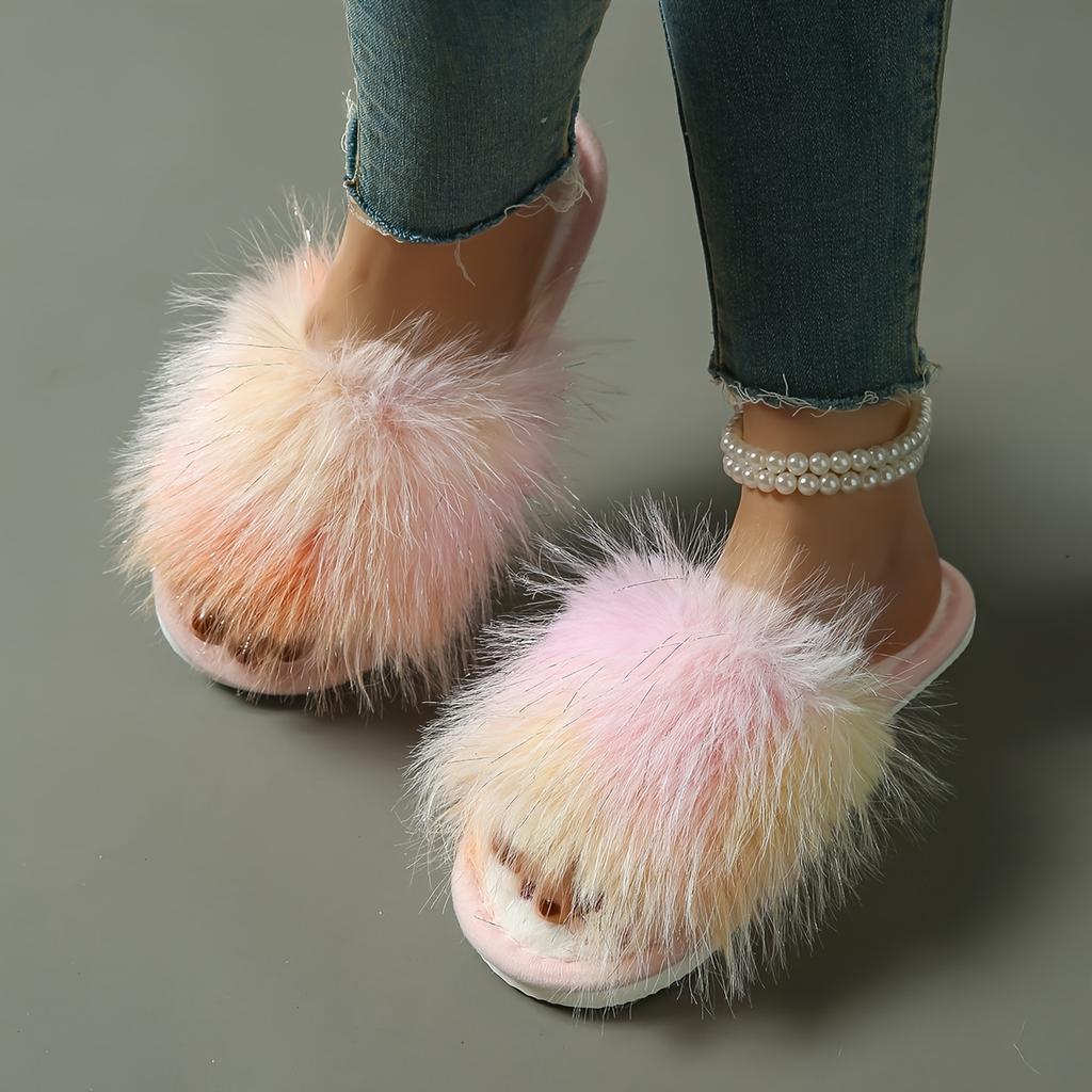 Ultra-Long Colored Plush Slippers Women'S Home Indoor Couple Home Straight Plush Slippers, Women Shoes