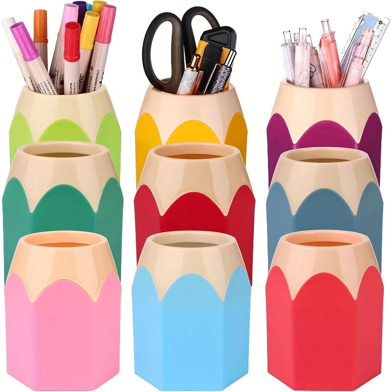 9pcs Cartoon Pencil-Shaped Desk Organizer Set PE Plastic Pen Holder with Cup and Box, Office Colorful Stationery Storage, Desktop Brush Container