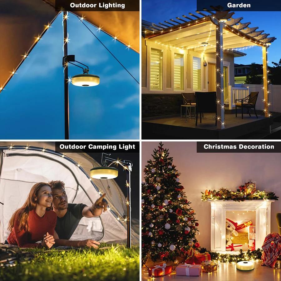 Outdoor LED Camping String Light Rechargeable/Solar Portable Stowable Camping String Lamp For Hiking Garden BBQ Party Tent Decor