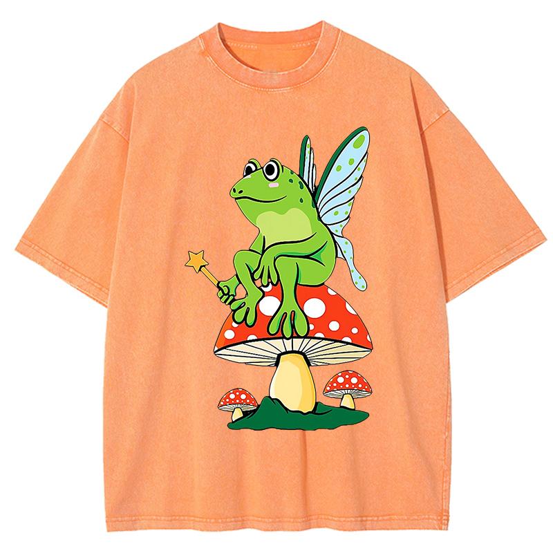 Frosch FeeCore Pilz Druck Damen Gewaschenes T-Shirt Baumwolle Lässig T-Shirt Locker Hip Hop Kurzarm Vintage Kleidung