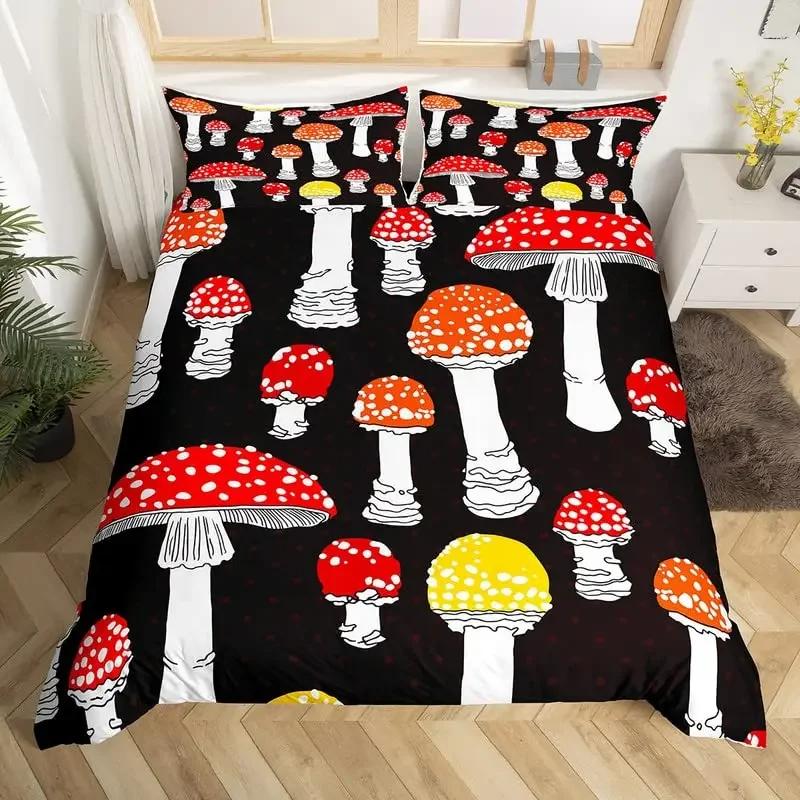 Cute Mushroom Duvet Cover Set Microfiber Hippie Theme Exotic Plant Mushrooms Bedding Set Kawaii Fungus Comforter Cover Twin King
