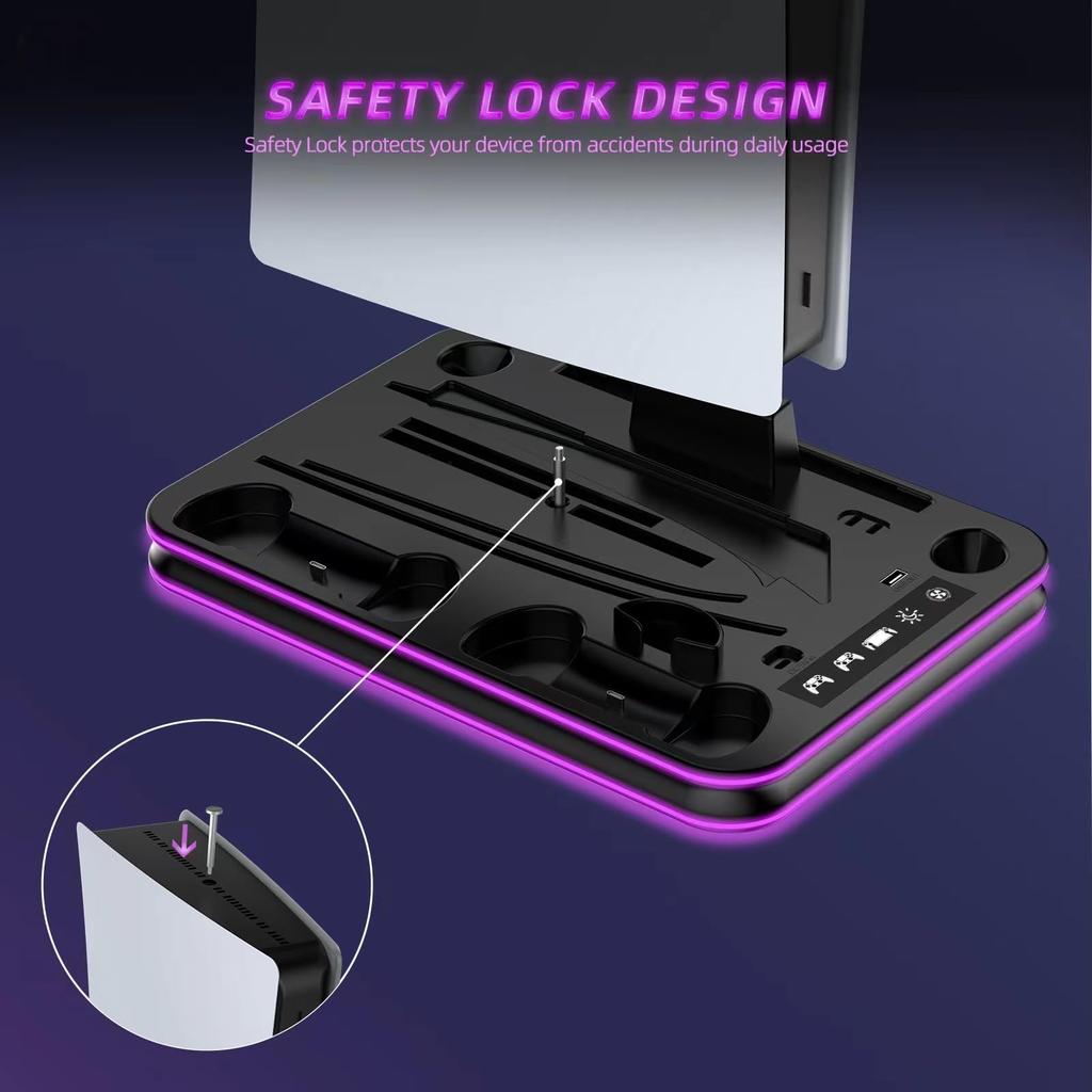 Multifunctional Charging Dock with Cooling Fan for PS5 - Vertical RGB LED Controller Charging Station for PS5 Pro/Slim/Digital Consoles/Discs