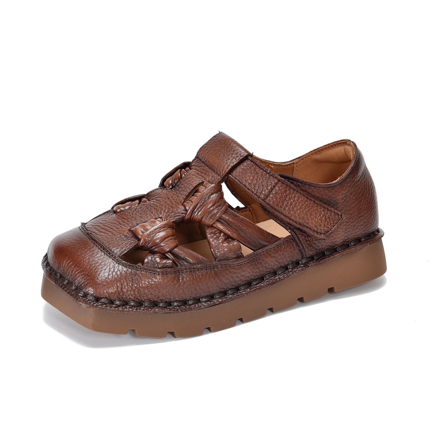 

Johnature Retro Square Toe Hollow-out Genuine Leather Sandals Versatile Breathable Flat Women s Shoes 40 коричневий