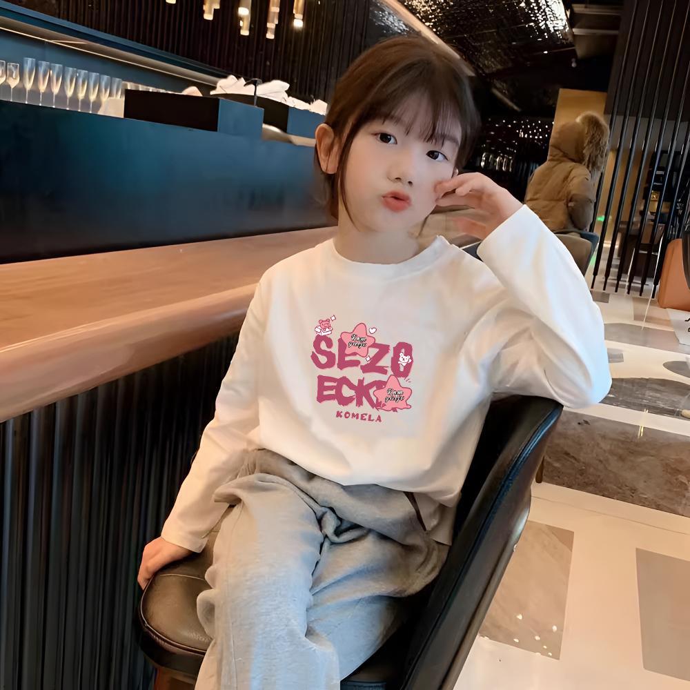 Girls' White Cotton Long Sleeve T-Shirt - Versatile Layer for Spring and Autumn