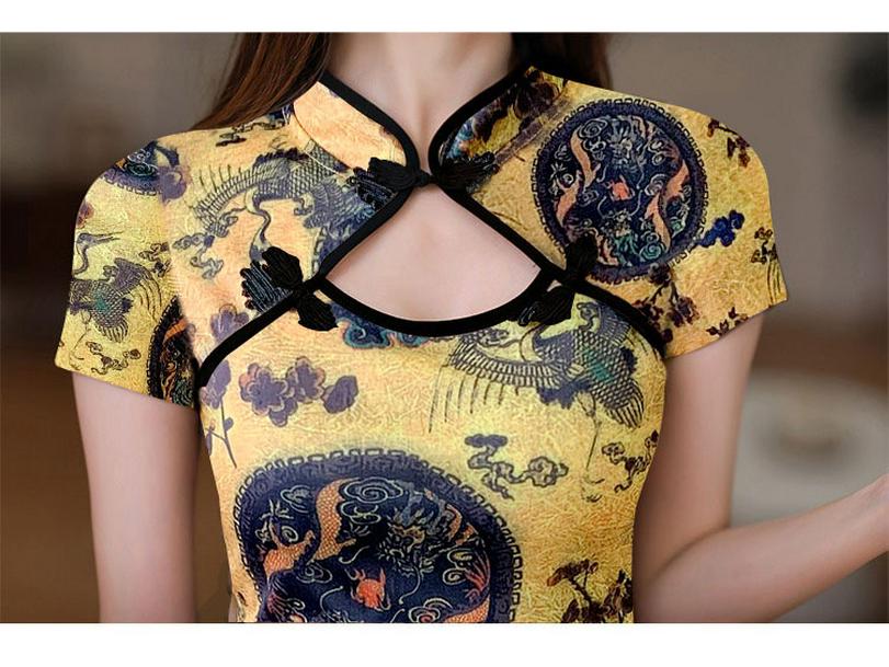 Summer Sexy Chinese-Style Printed Mid-Length Slit Dress for Women with Hollow Out Plate Buckle, Improved Qipao Design