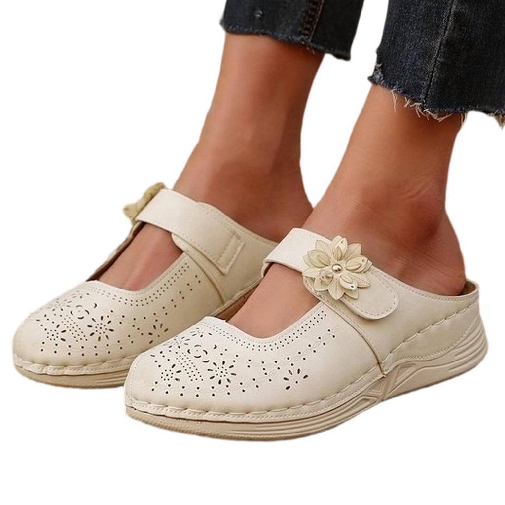 Women Casual Slip On Sandals Breathable Cutout Design Comfortable Flat Shoes with Adjustable Strap and Decorative Flower Accent