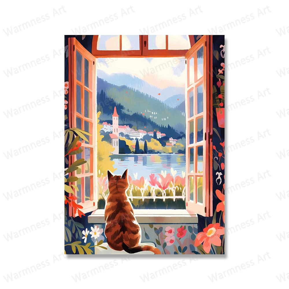 

Милые кошки смотрят на пейзаж настенные художественные принты на холсте фотографии путешествия Флоренция гора Фудзи Париж Греция постеры 21*30cm No Frame
