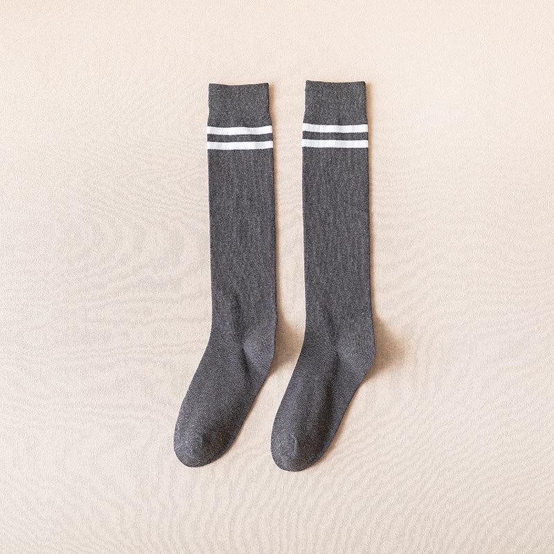 Women's Two-Stripe High Knee Cotton Socks - Black (Spring, Autumn, Winter Fashion)