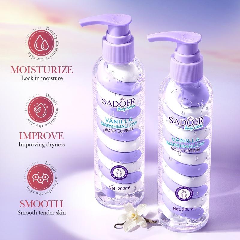 SADOER Vanilla Marshmallow Body Lotion: 24H Deep Hydrating Moisturizer for Dry & Rough Skin, Non-Greasy & Smooth, 200ml