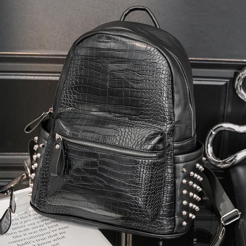 Korean Version Of Crocodile Pattern Rivet Backpack Trendy Backpack Computer Bag Student Schoolbag Men And Women Couple Bag Backpack чёрный