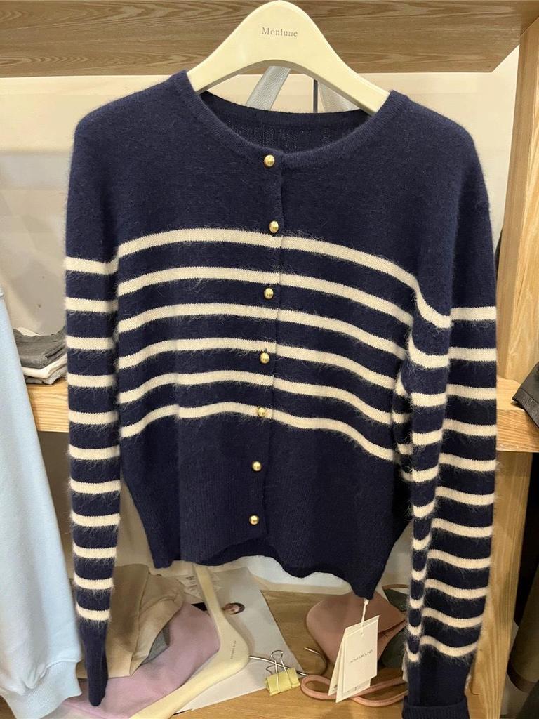 Women's French-Inspired Loose Fit Pure Wool Knit Cardigan with Gold Buttons and Round Neck Sweater
