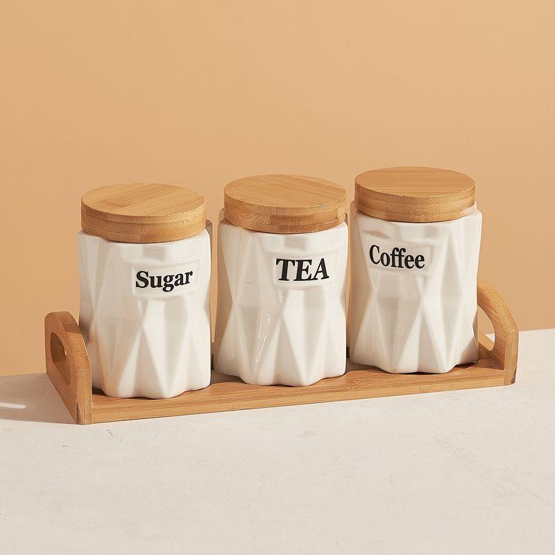 

3PCS Ceramic Storage Jars Set with Bamboo Lid for Coffee Sugar Tea - Kitchen Airtight Canisters & Organizers - Home Baking Suppl