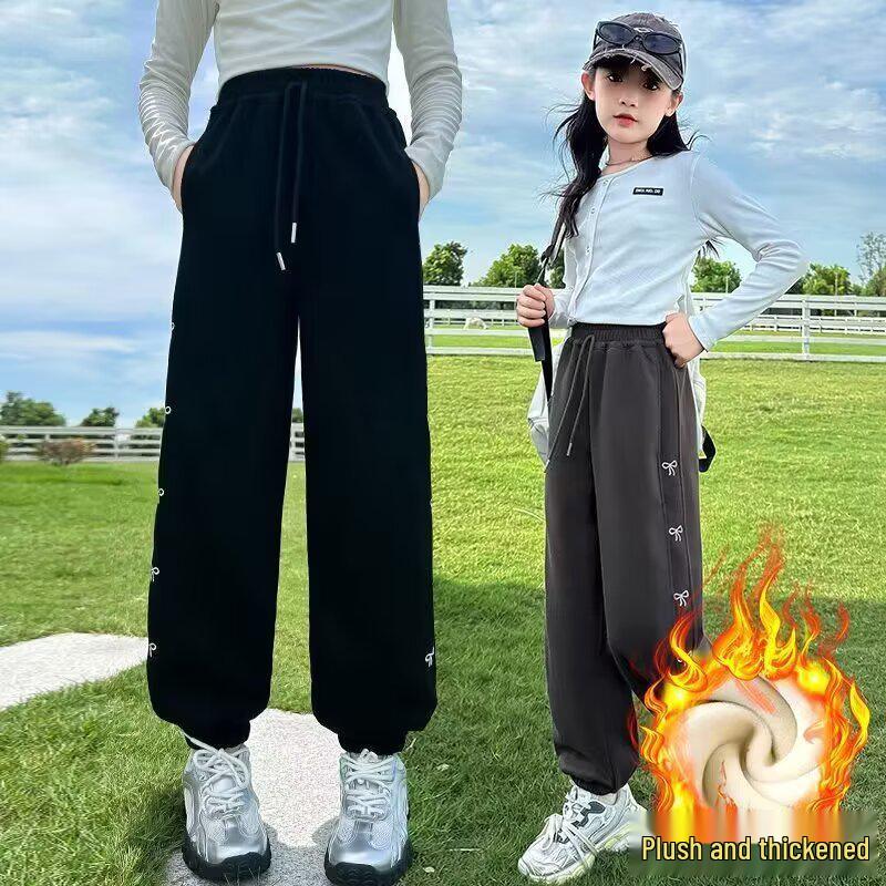 Girls' Fleece-Lined Sweatpants: Cozy Autumn/Winter Style, Thick and Versatile for Medium to Large Kids.