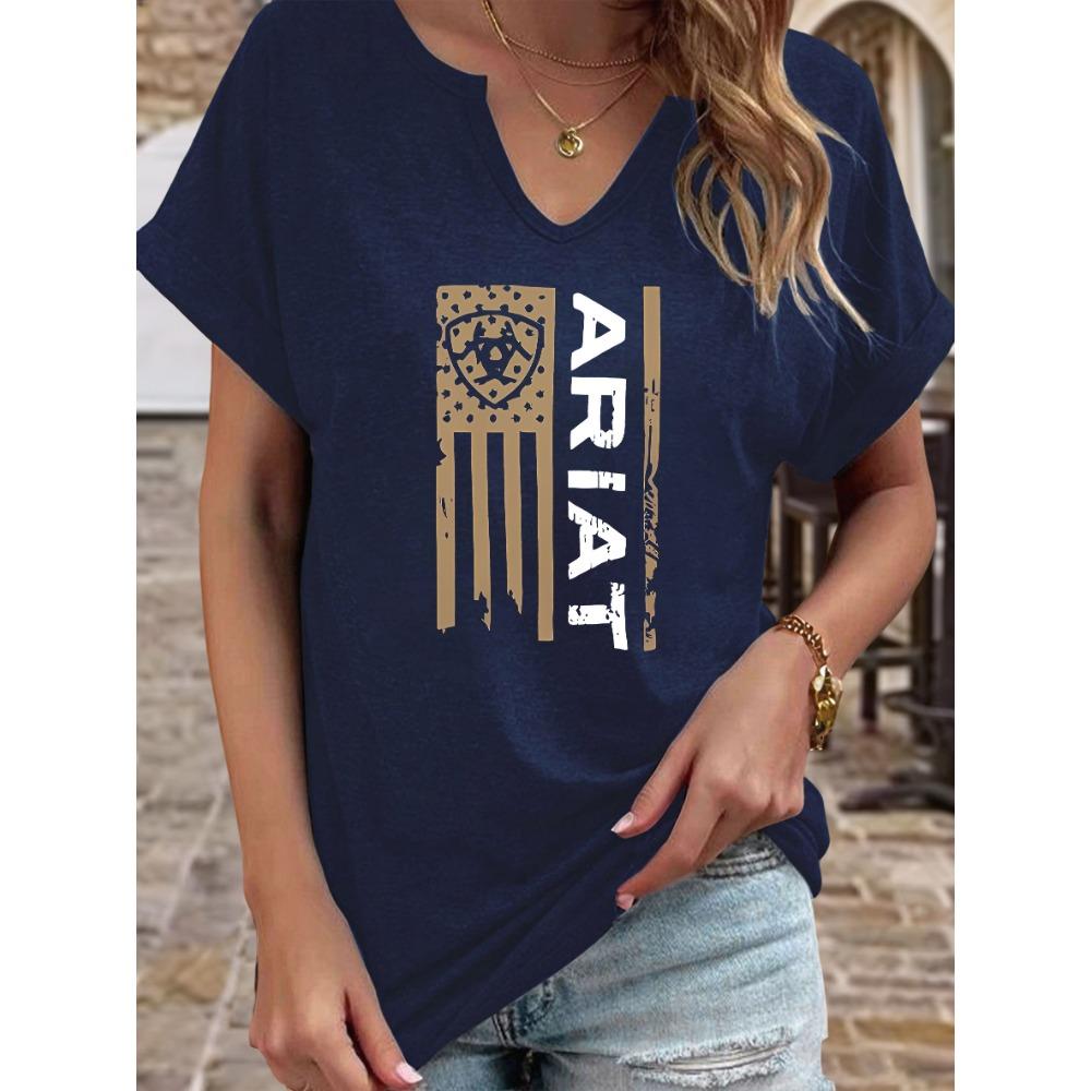 Women's Summer Crew Neck Short Sleeve T-Shirt, Ariat Distressed American Flag Print, Western Style Casual Top