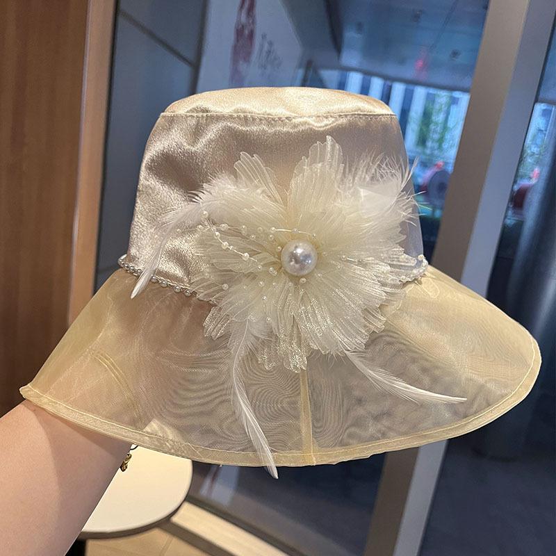Elegant mesh bucket hat women's summer new flower pearl decorative sun hat travel photo hat