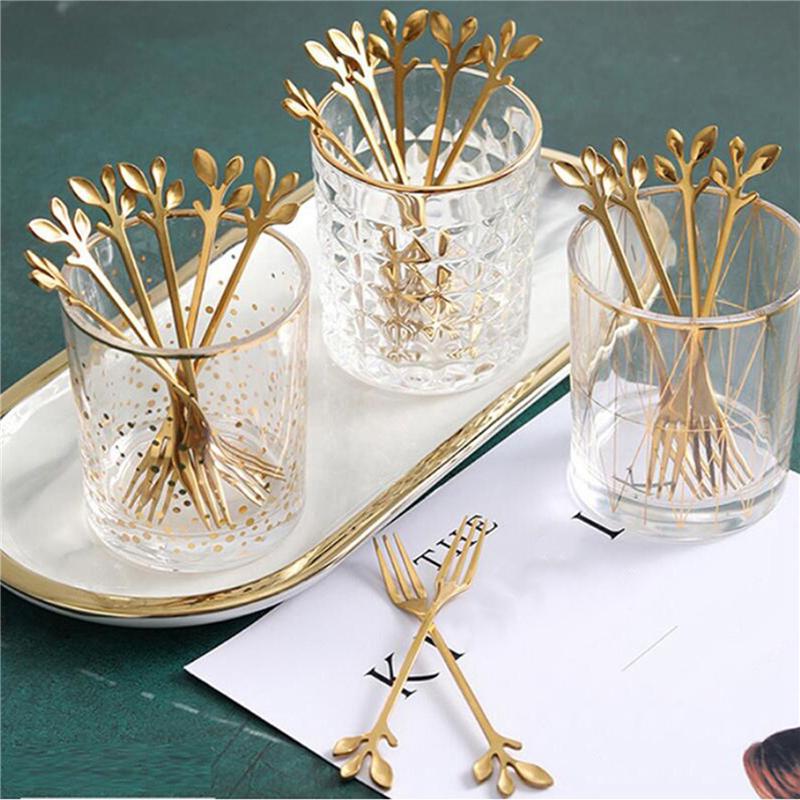 100Pcs Stainless Steel Flatware Fruit Fork Dinnerware Appetizer Snack Dessert Fork Kitchen Tableware Leaf Shape