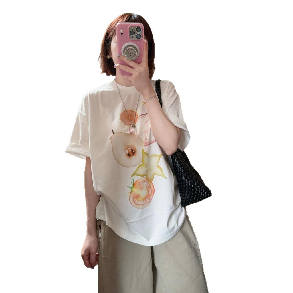 American Casual Style Fruit Print White Short-sleeve T-shirt, New Summer Loose Plus-size Versatile Top for Plus-size Plus-size Women