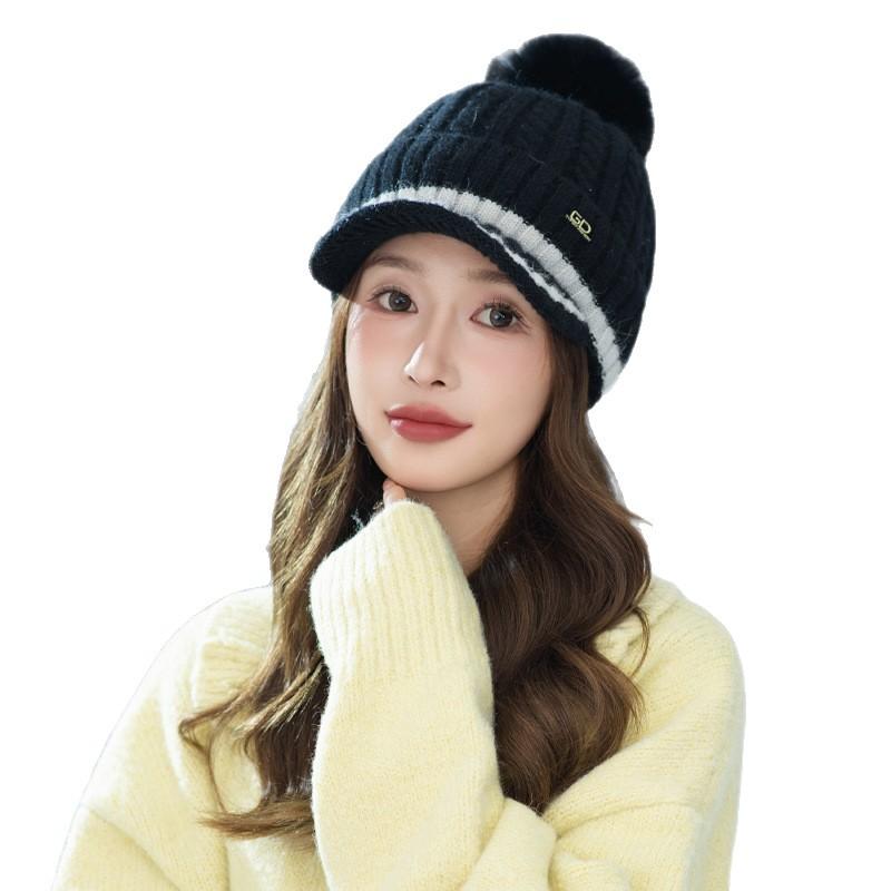 Korean Version of Versatile Wool Ball Plus Velvet Thickened Warm Hat Autumn and Winter Outdoor Leisure Cold-proof Duckball Cap Knitted Wool Cap