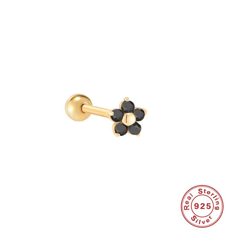 Light Luxury S925 Sterling Silver Wind Five-Petal Flower Diamond Thread Perforated Earrings Piercing