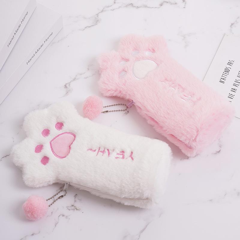 Cartoon Cat Paw Plush Pencil Case - Large Capacity for Students