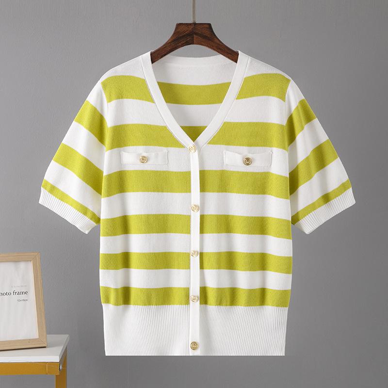 Sommer Damen T-Shirt Plus Size Eisseide Atmungsaktive Abdeckung Bauch Strickshirt Gestreifte Dünnschliff V-Ausschnitt Kurzarmbluse