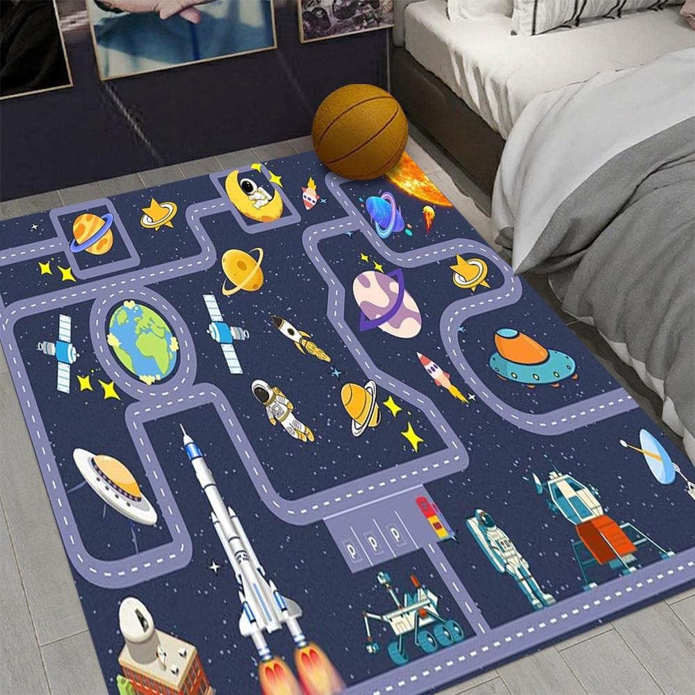 Kids Crawling Mat Space Area Rug Solar System Road Carpet with Rockets & Planet Non Slip Washable Floormat for Bedroom Nursery