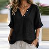 Women V Neck Button Half Sleeve Casual Loose Fit Blouse Lightweight Linen Tunic Top for Summer Spring
