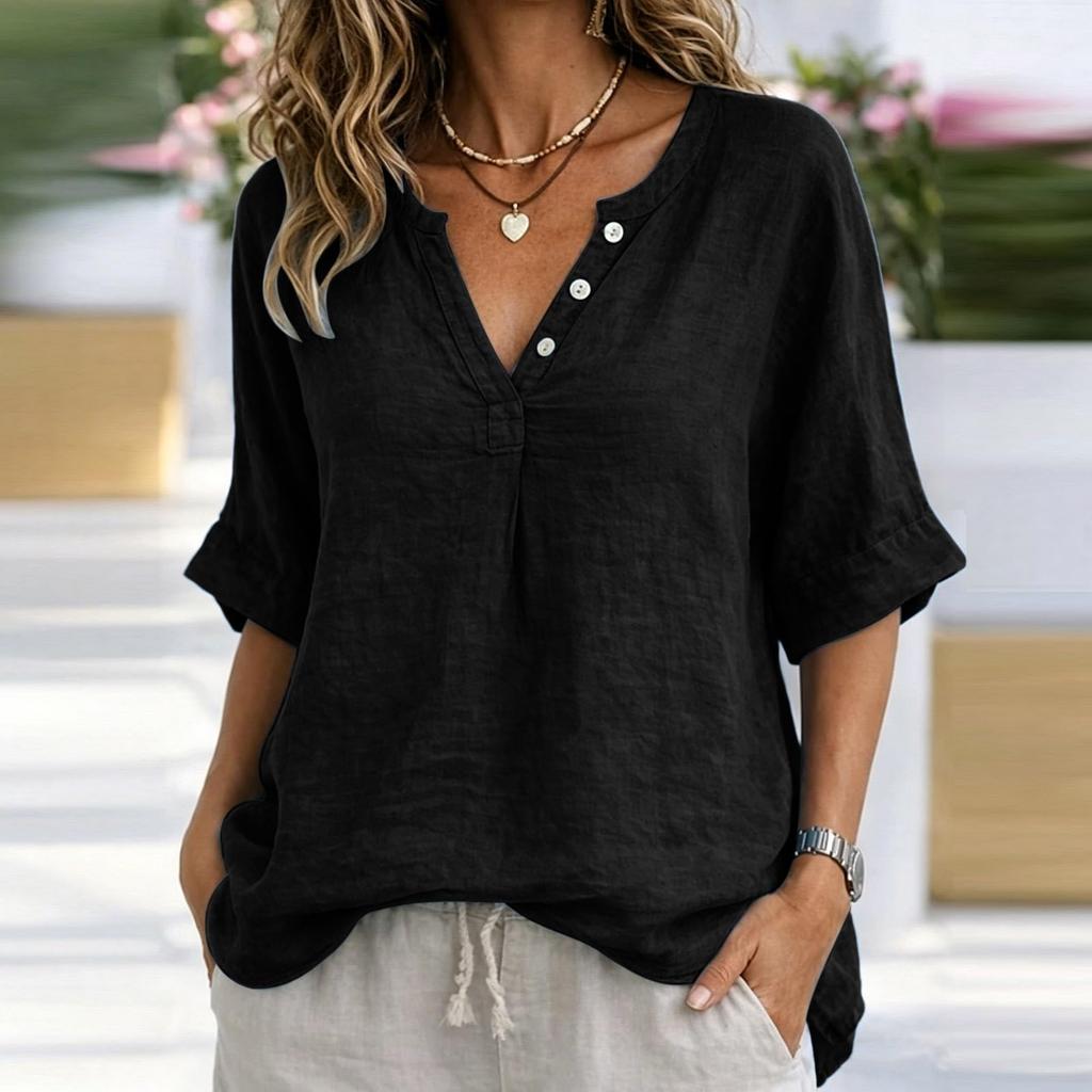 Women V Neck Button Half Sleeve Casual Loose Fit Blouse Lightweight Linen Tunic Top for Summer Spring