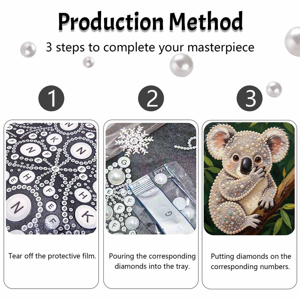 Handmade Framed Pearl Bead Painting Kit Cute Koala Animal 3D Shiny Canvas Art Ready to Display Home Decor Gift Idea Creative Wall Decoration