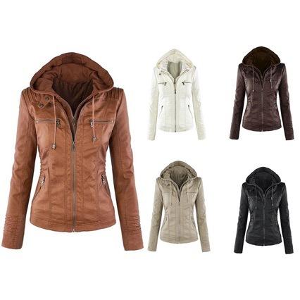 European and American hooded leather jacket two-piece set removable large size leather jacket women's spring and autumn coat women's PU washed leather