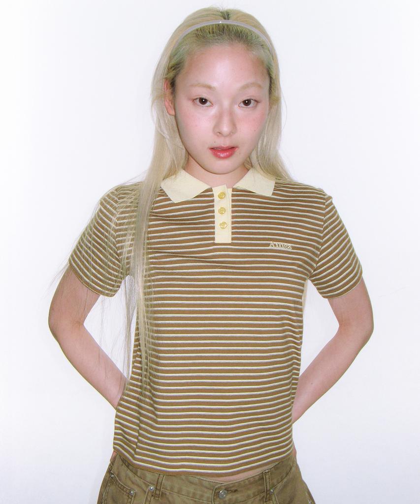 AMES-WORLDWIDE Basic Stripe Collar Tee Brown