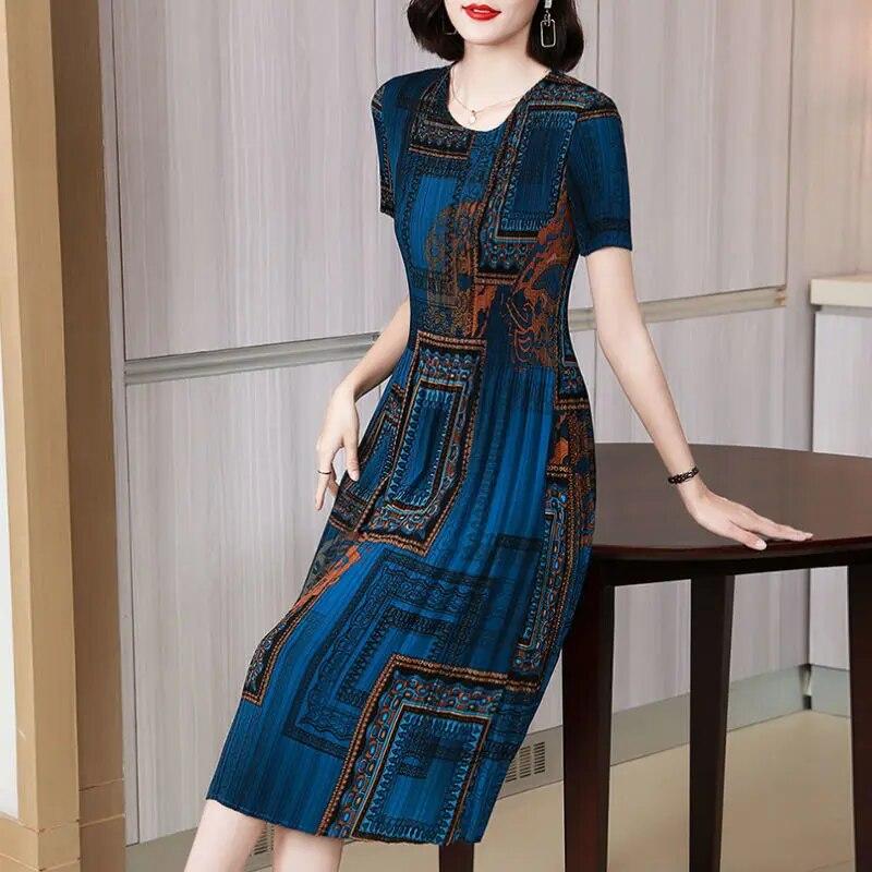 Plissee Casual Kleid Weibliche Sommer Neue Mode Druck Große Größe Dünne Dünne Rock Hülse O Neck Kleid Tops