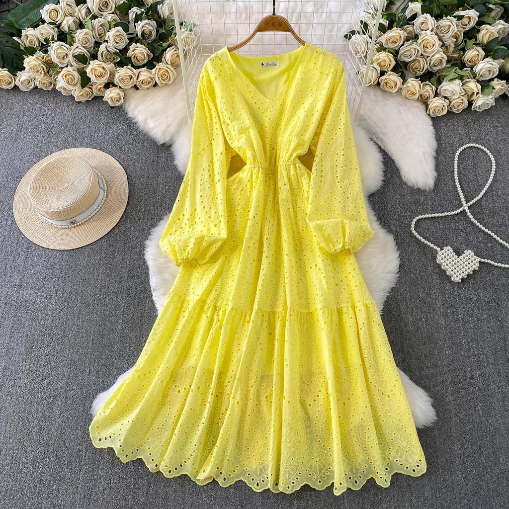 French Pink V-Neck Embroidered Ruffle Dress: Women's Autumn/Winter Waist-Cinching Long Dress