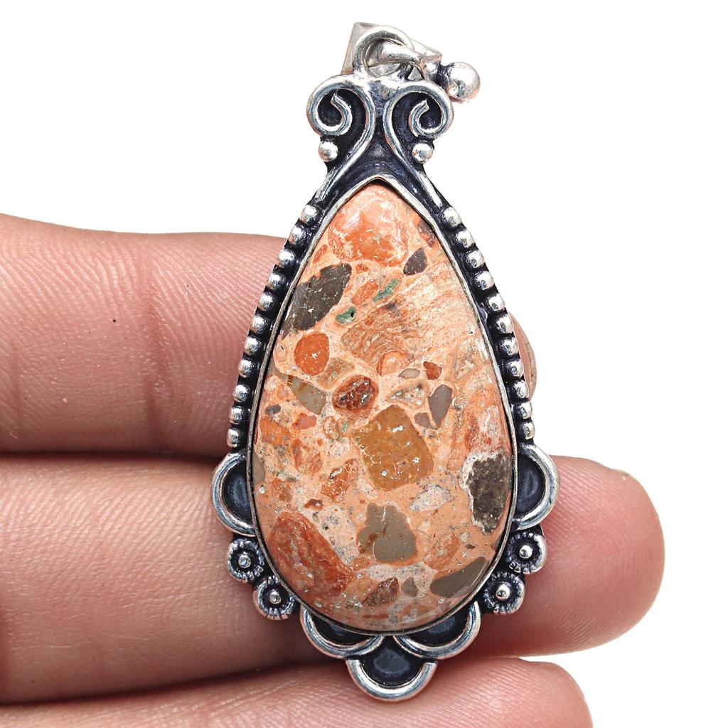 Pendentif Jaspe Œil d'Oiseau Pierre Précieuse Fait Main Argent Antique Bijou 2.25"