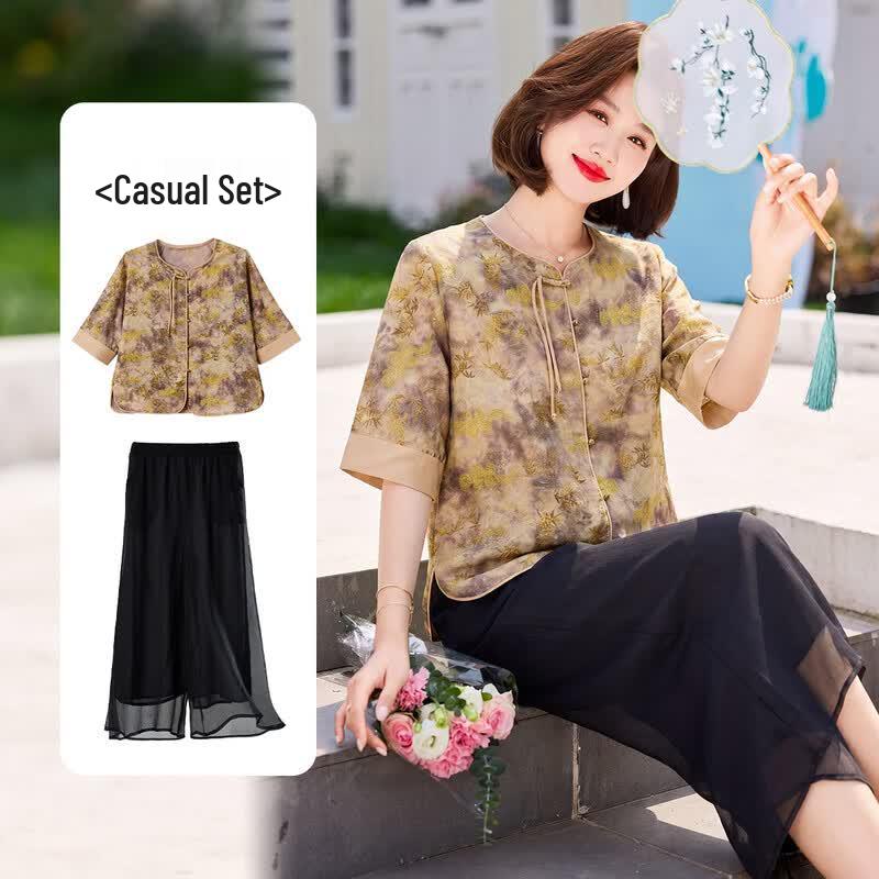 Qianlian Women s Summer New Chinese Style T-Shirt & Chiffon Pants Set 5XL жёлтый