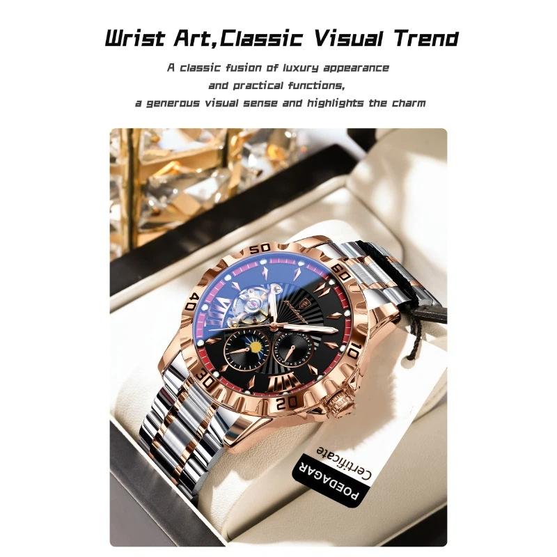 POEDAGAR Luxury Men Clock Hollow Tourbillon Automatic Mechanical Watch Waterproof Luminous Stainless Steel Watches+Box