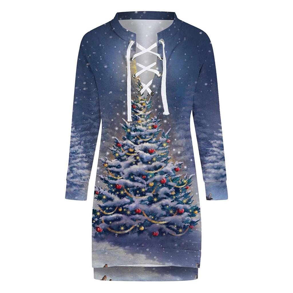 Fashion Women's Loose Christmas Print Long Sleeve V-neck Strappy  And Winter Dress