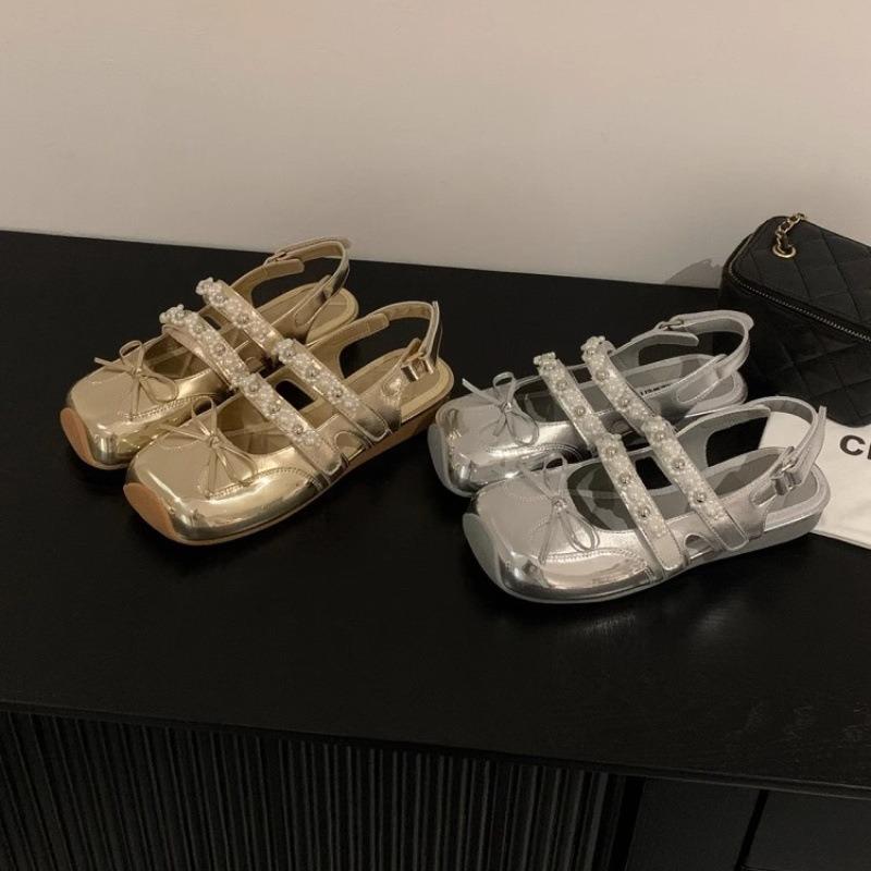 "Sweet Equator~ Square Head Silver Ballet Shoes Women's Summer New Baotou Sandals Mary Jane Shoes Women's
