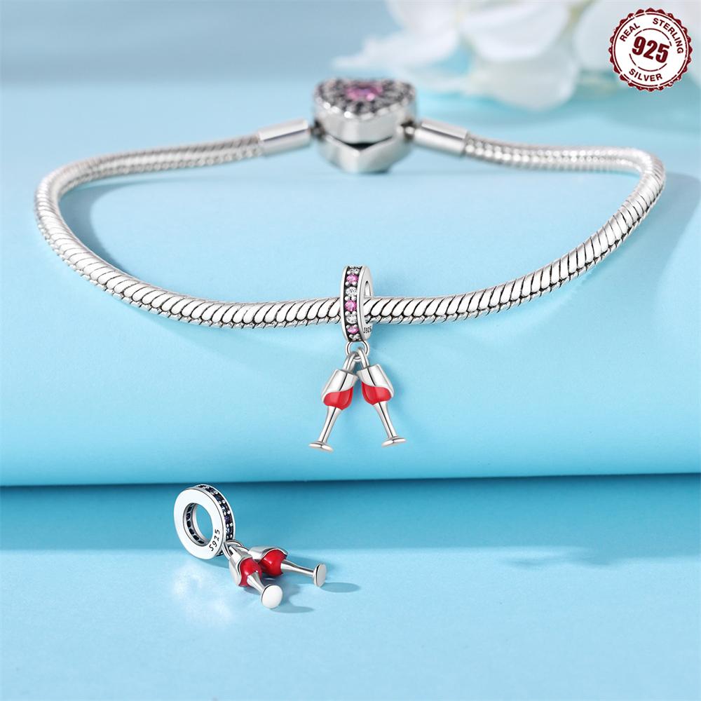 Original Copper Charms Luxury Red Wine Toasting Pendant Beads Fit Bracelet Diy Women Making Delicate Gift