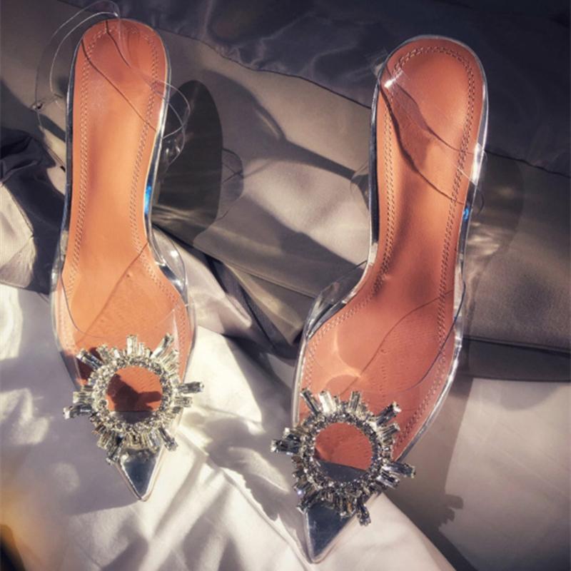 Sunflower High Heels Female Crystal With Net Red Transparent Back Strap Fine Heel Rhinestone Pointed Toe Sandal Female