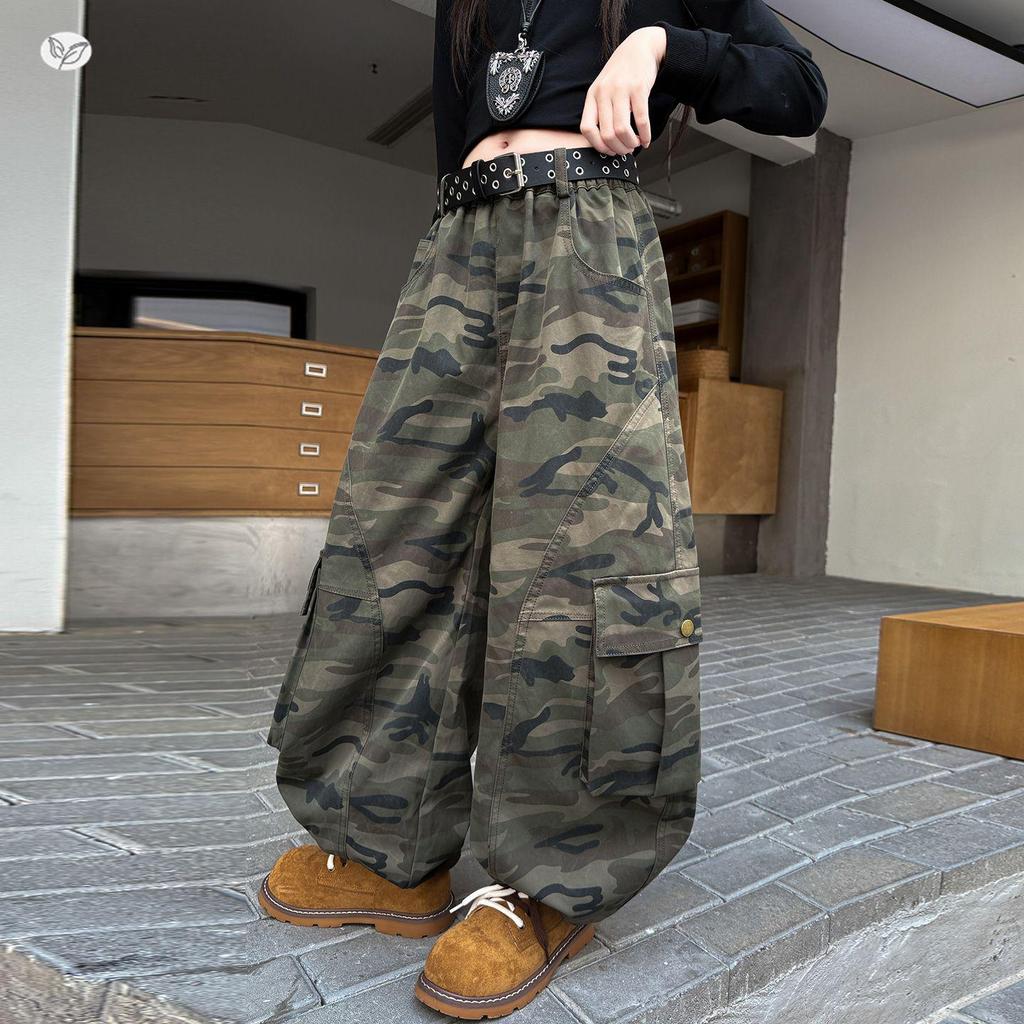 Autumn 2026 Girls' Camouflage Wide-Leg Overalls with Large Pockets
