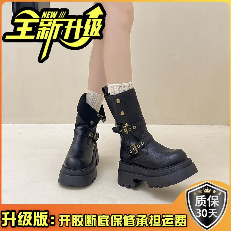 Fashion Versatile Platform Leather Boots Increase the Height of Two Wear Martin Boots Women's Autumn and Winter Retro Buckle Knight Boots Locomotive