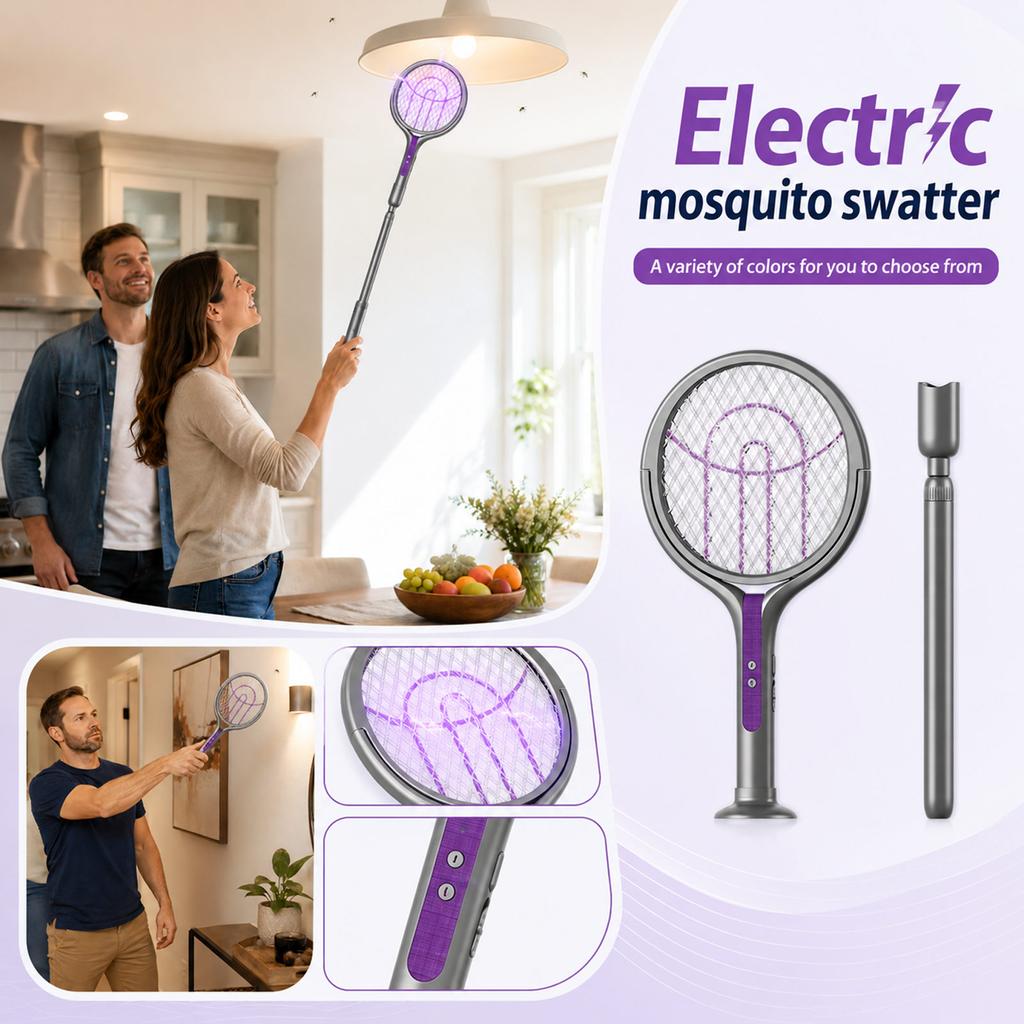 USB Rechargeable Electric Mosquito Swatter with Extendable Handle 2 In 1 Retractable Design for Indoor and Outdoor Use