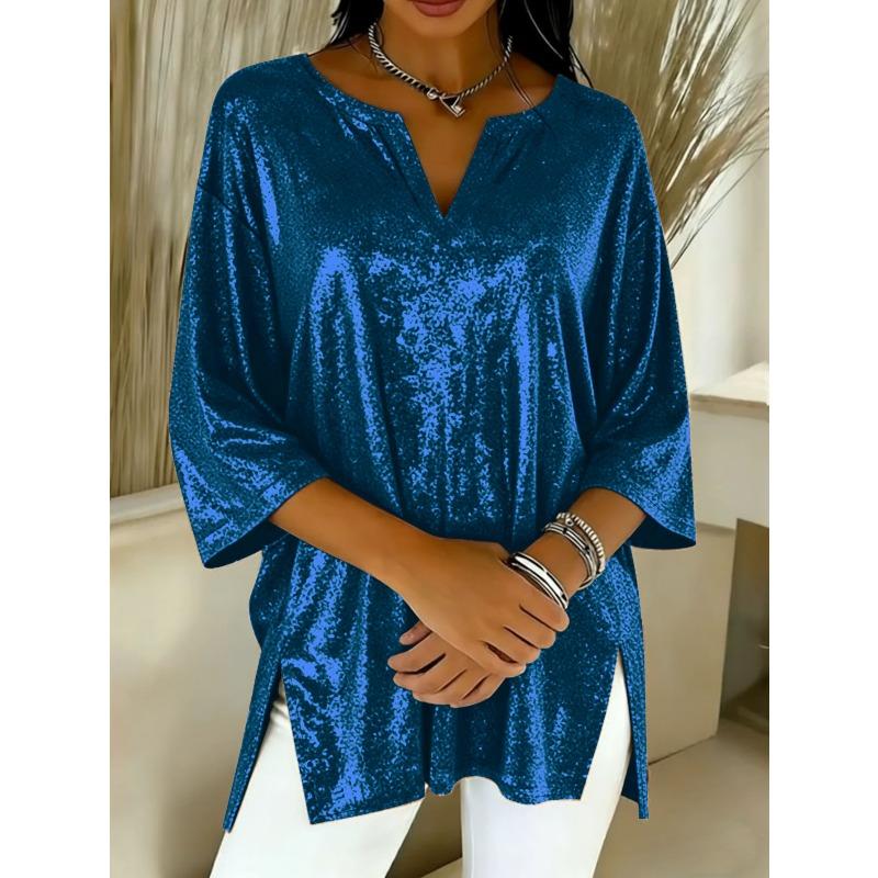 Women's Large Size T-shirt Spring and Summer Seven Quarter Sleeve Shiny Loose Casual Female T-shirt Fashion V-neck Solid Color Office Ladies Tee Tops