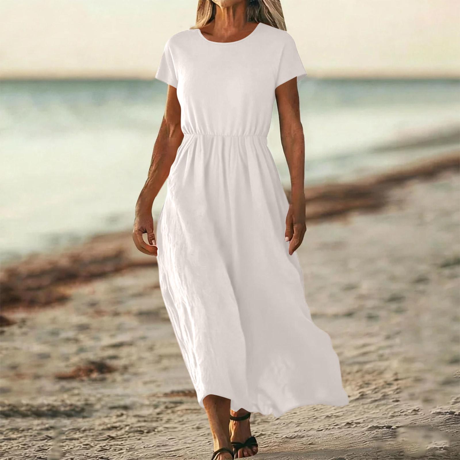 

O-Neck Dress For Women Casual Comfy Cotton Linen Short Sleeve Tunic Beach Dresses With Pockets XL білий