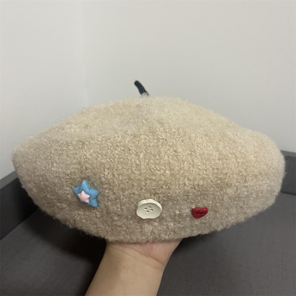 

Cute circle fleece button beret soft waxy plush hat female sweet street fashion warm painter hat winter Adult average size бежевий