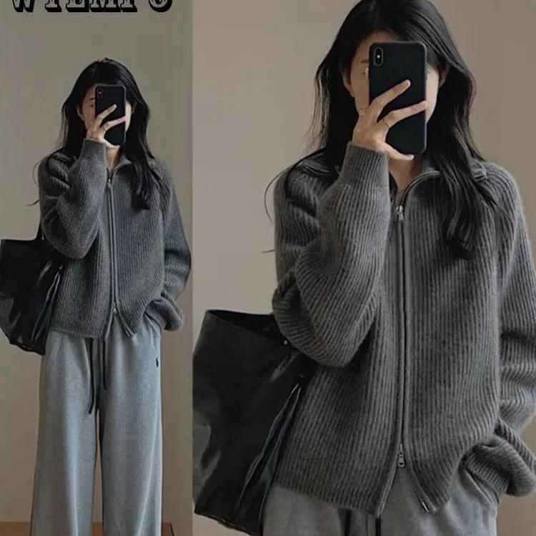 WTEMPO Long Sleeve Knit Sweater Women Spring Autumn Retro Korean Style Lapel Zip-up Knit cardigan Loose Thickened Outerwear
