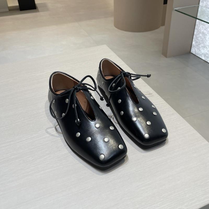 

Fashion Ins style Rivet Soft Leather Women Ballet Flats Fashion Square toe Hollow out Lace-up Walking Loafers Casual Lazy Dance Shoes 40