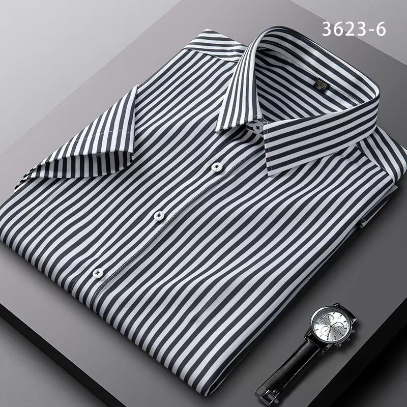 Summer Striped Short Sleeve Shirts for Men Thin Elatic Social Slim Fit Formal Shirt Business Class Fit Casual Easy-care Clothes